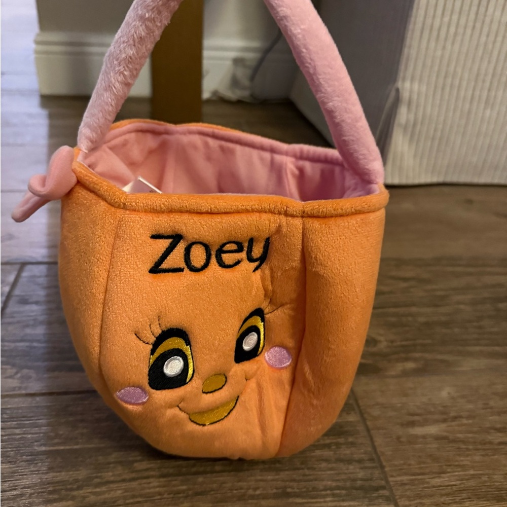 Orange Plush Basket with Embroidered Face